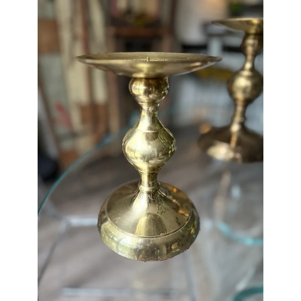 Vintage Solid Brass Bulb Pillar Candle Holders Pair Graduated Hollywood Regency